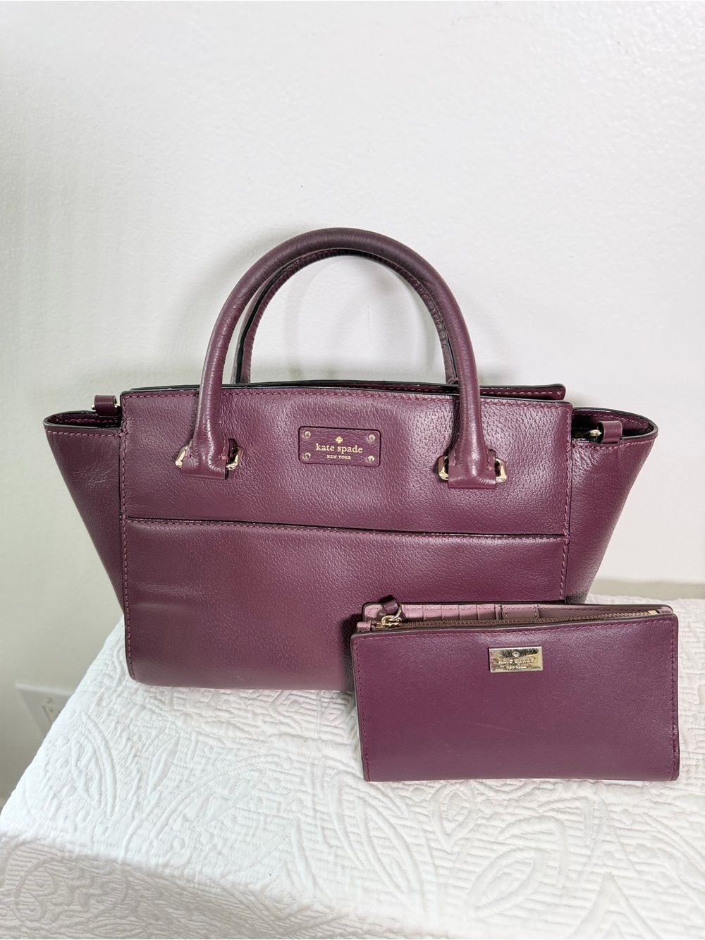 Kate Spade New York Burgundy Leather Satchel Bag & Wallet Set
